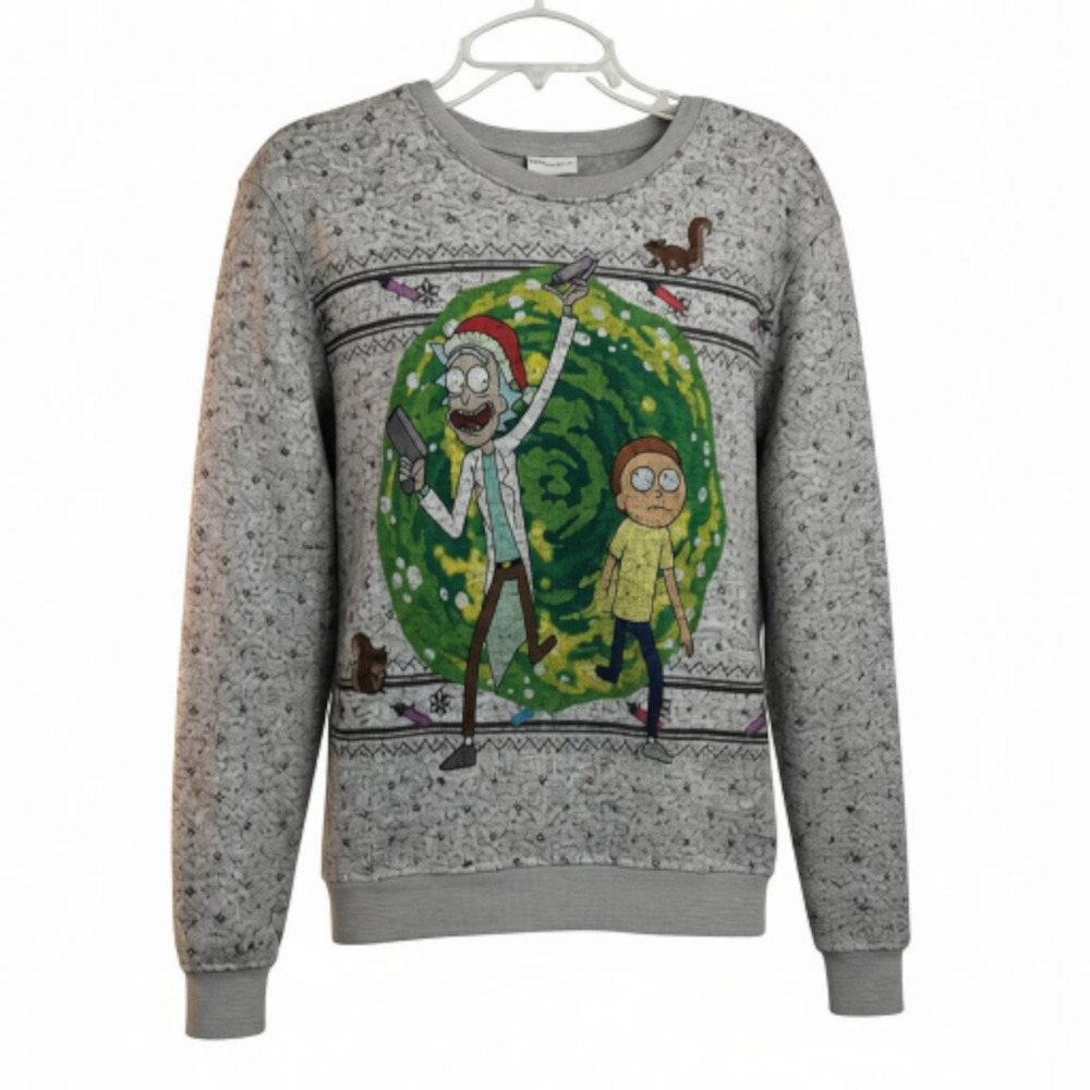 M858) Rick & Morty Unisex Adult Swim Pullover  Gray Christmas Sweater Size S/M